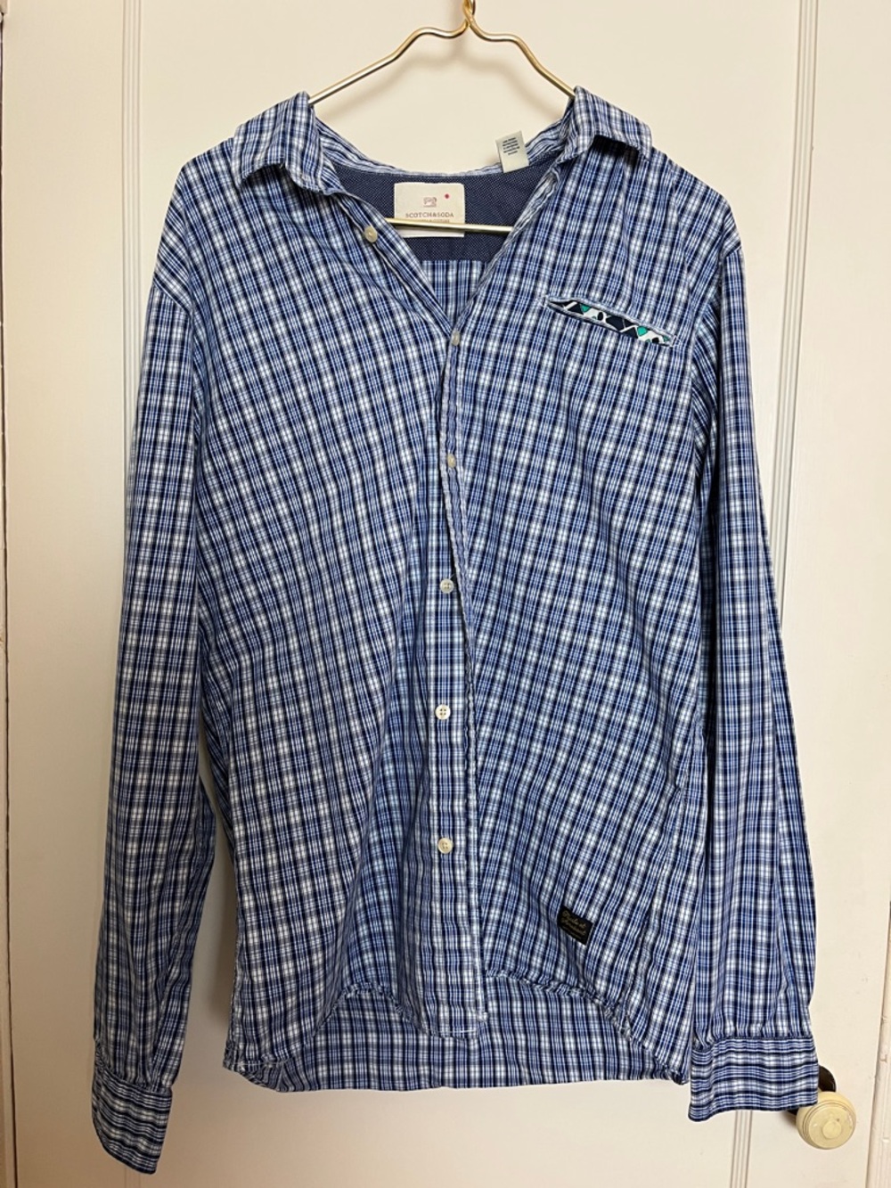 Scotch & Soda Blue Plaid Button Down Shirt with Contrast Trim